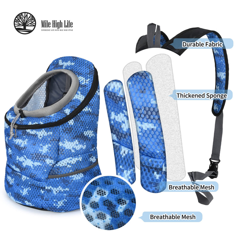 Mile High Life | Hiking Outdoor Pet Carrier Backpack | Kitty Puppy Cat Carrier | Dog Carrier for Small Dogs | Dog Backpack w Breathable Mesh with Soft Padding(Camouflage Blue, Small (Pack of 1)) - PawsPlanet Australia