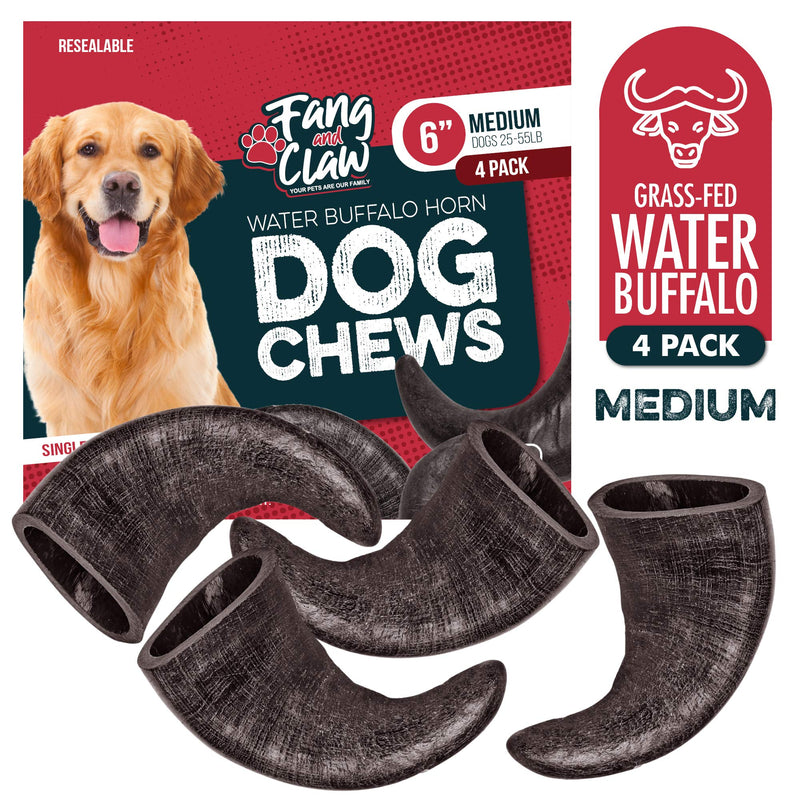Water Buffalo Horn Dog Chew 4 Pack (Medium 6 Inch), Long-Lasting Natural Chews for Aggressive Chewers, Single-Ingredient, No Rawhide 4 Horns - Medium 6" - PawsPlanet Australia