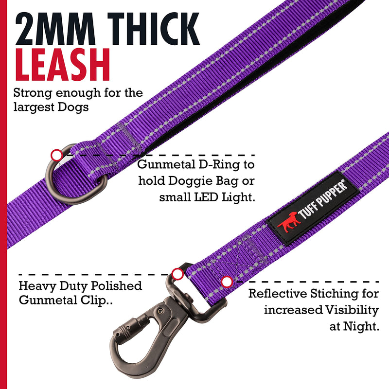 Tuff Pupper Heavy Duty Double Handle Leash | Twist Locking Carabiner Clip | Safety Lock for Strong Dogs | Reflective for Safe Night Walks | 6 Foot Leash | For Medium & Large Dogs Purple - PawsPlanet Australia