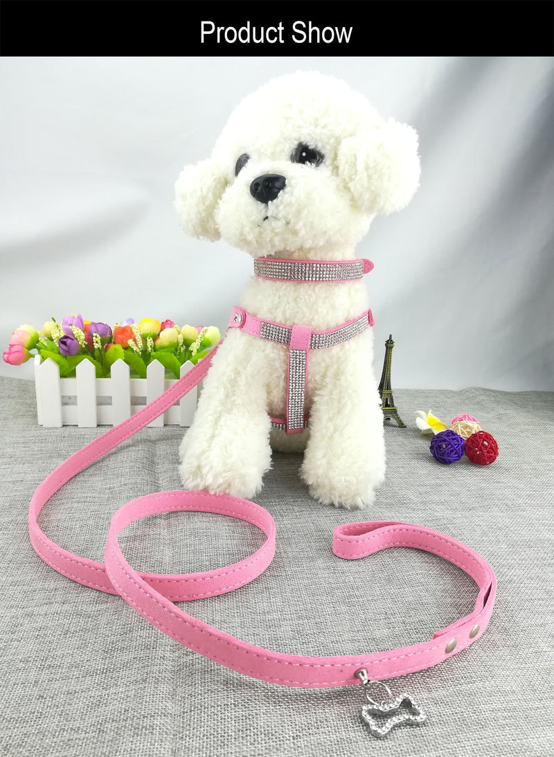 Dog Collar & Harness & Lead Sets Fashion Dog Collar Diamante with Harness & Leashes Comfortable Soft Collar Harness and Leashes Set for Dog - Pink - M - PawsPlanet Australia