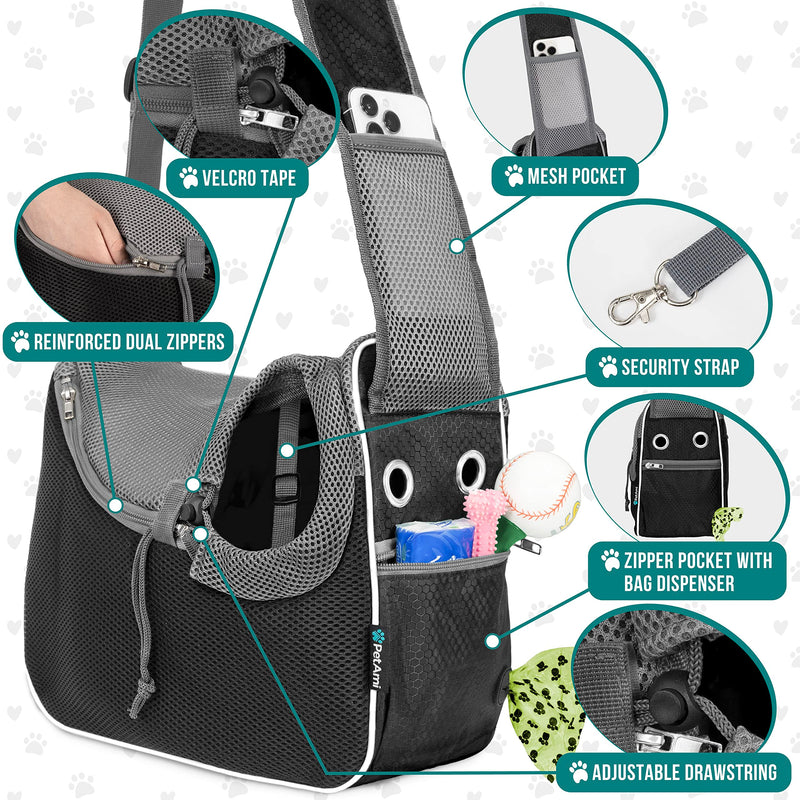 PetAmi Small Dog Sling Carrier, Soft-Sided Crossbody Puppy Carrying Purse Bag, Adjustable Sling Pet Pouch to Wear Medium Dog Cat Travel, Dog Bag for Traveling, Poop Bag Dispenser, Max 10 lbs, Black - PawsPlanet Australia