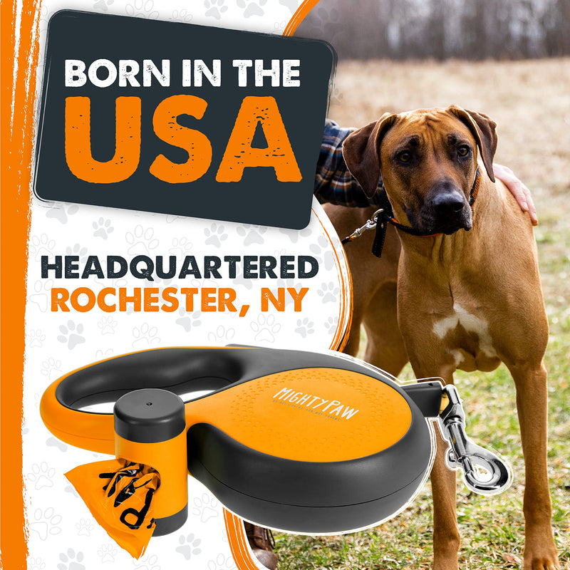Mighty Paw Retractable Leash with Built-in Poop Bag Holder | 16' Long Retractable Dog Leash for Small Dogs, Medium Breeds & Large Pets with Tape for Quick Control. Poop Bags Included Orange Lite | 0 - 23 kg - PawsPlanet Australia