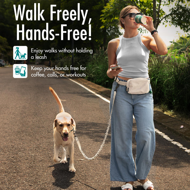 Hands Free Dog Leash with Dog Treat Pouch - Stylish & Trendy Waist Leash for Dog Walking - Wear Around The Waist or Crossbody - Durable & Detachable - Shock Absorbing - Waste Bag Dispenser Ivory - PawsPlanet Australia
