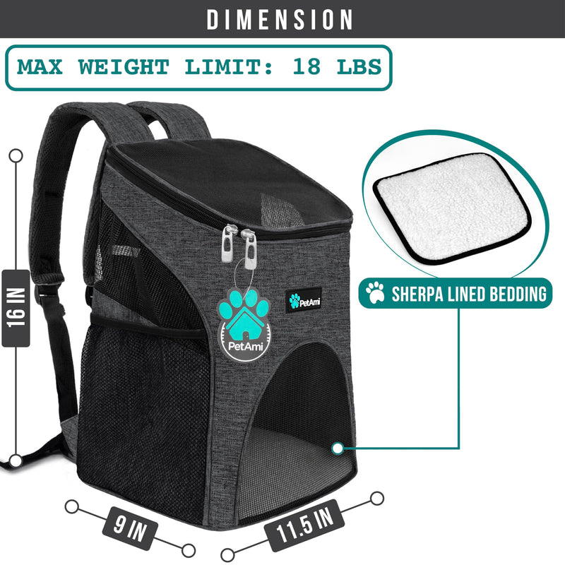 PetAmi Small Dogs and Cat Backpack Carrier, Airline Approved Pet Backpack Carrier, Ventilated, Safety Strap, Buckle Support Designed for Hiking Travel Camping Outdoor, Max 18 lbs (Dark Gray) Heather Charcoal - PawsPlanet Australia