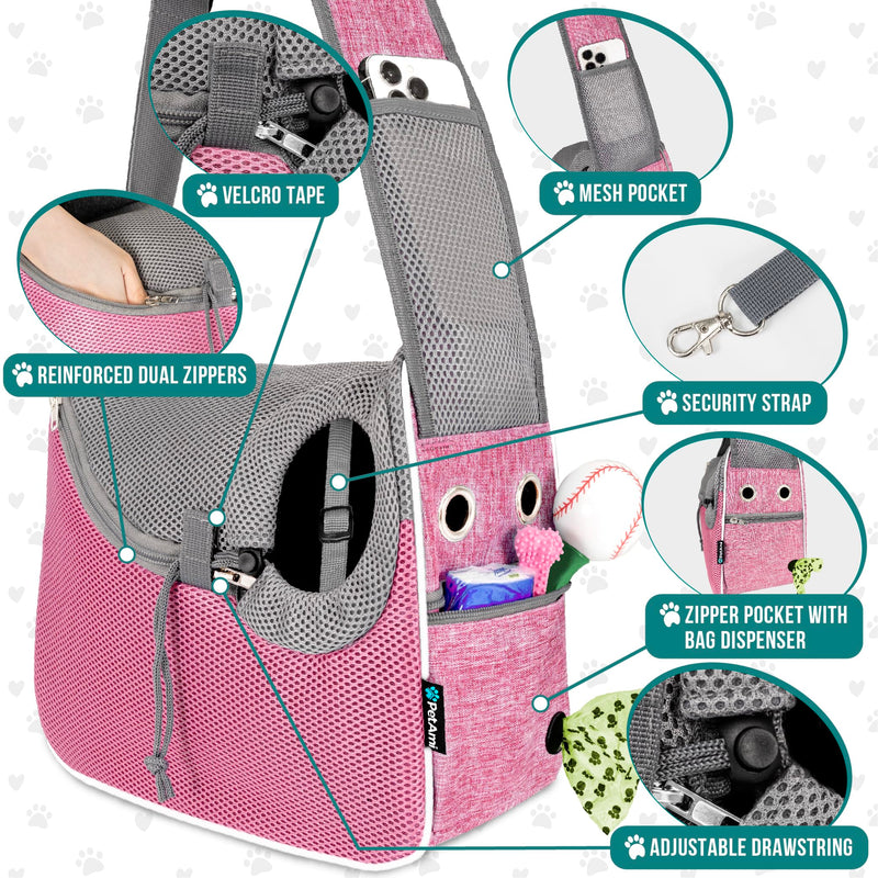 PetAmi Small Dog Sling Carrier, Soft-Sided Crossbody Puppy Carrying Purse Bag, Adjustable Sling Pet Pouch to Wear Medium Dog Cat Travel, Dog Bag for Traveling, Poop Bag Dispenser, Max 10 lbs, Pink - PawsPlanet Australia
