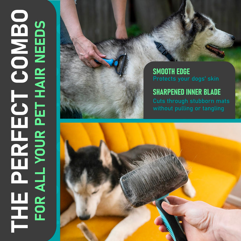Maxpower Planet Dog Rake and Dog Hair Brush - Gently Removes Loose Undercoat, Mats and Tangled - Deshedding Grooming Tool for Dogs & Cats - Self Cleaning Slicker Brush - All Hair Types A - Rake & Brush (Best Value) - PawsPlanet Australia