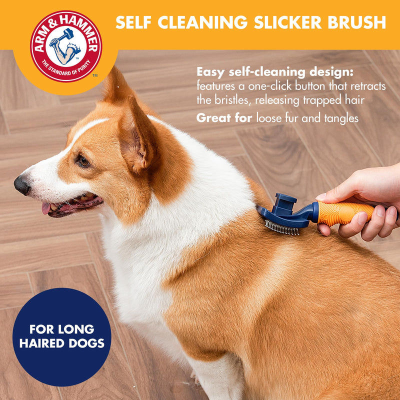 Arm & Hammer “Simply Calm” Dog Grooming Slicker Deodorizing Brush with Fragrance Transfer Technology – Scented Self-cleaning for Shedding, Scented for Dogs with Sweet Lily & Vanilla Scent Navy & Yellow Slicker Brush - Sweet Lily & Vanilla - PawsPlanet Australia