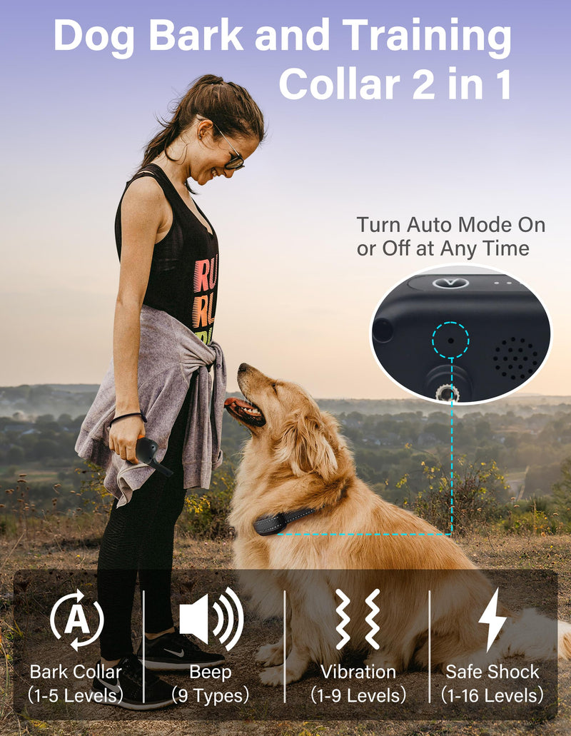 PaiPaitek Bark Collar with Remote and Automatic Mode - 3300ft Range Bark and Training Collar Combo, Shock Collar for Dogs 40-151 lbs Waterproof & Rechargeable Black - PawsPlanet Australia