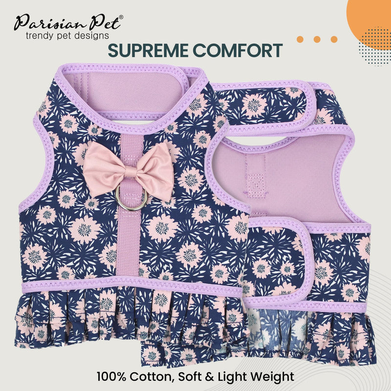 Parisian Pet Floral Dog Harness Dress - Breathable No Pull Puppy Dress with Leash Ring - 100% Mesh Fabric Harnesses for Dogs - Soft Padded Step in Pet Vest - All Weather Dog Harness Small Sized Dogs S Midnight Blossoms