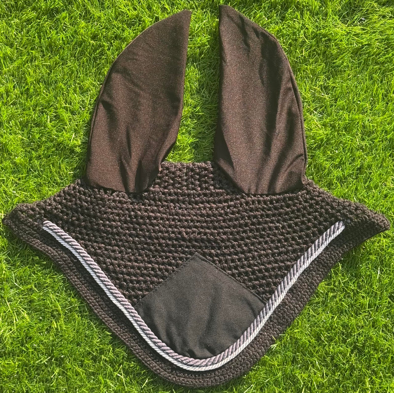 Elegant Black with Grey Horse Ear Bonnet, Fly Veil & Fly Mask – Fly Protection with Style and Comfort for Every Ride (Black with White & Grey, Horse/Full) BLACK WITH WHITE & GREY HORSE / FULL