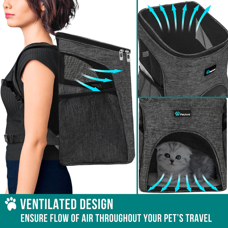 PetAmi Small Dogs and Cat Backpack Carrier, Airline Approved Pet Backpack Carrier, Ventilated, Safety Strap, Buckle Support Designed for Hiking Travel Camping Outdoor, Max 18 lbs (Dark Gray) Heather Charcoal - PawsPlanet Australia