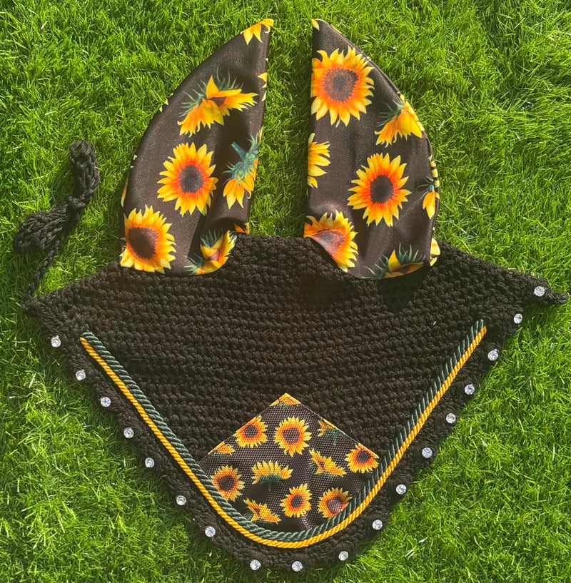 Elegant Sun Flower Horse Ear Bonnet, Fly Veil & Fly Mask – Fly Protection with Style and Comfort for Every Ride (Pony)