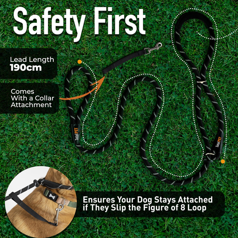 Total Pet Figure of 8 Dog Lead - Anti Pull Stop Dogs Pulling - Rope Slip Leads with Padded Nose Support (Black, Medium/Large) Black