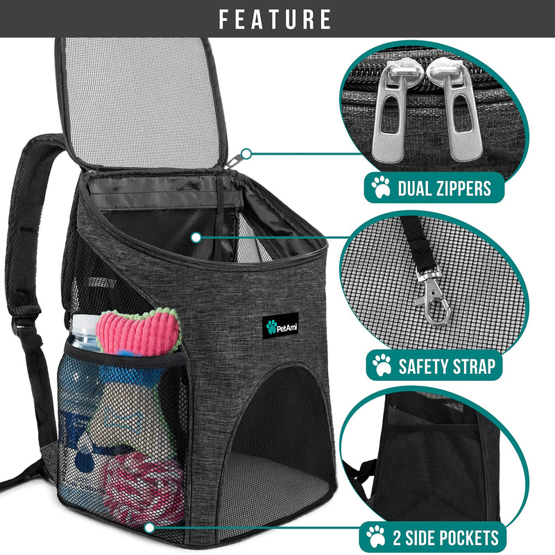 PetAmi Small Dogs and Cat Backpack Carrier, Airline Approved Pet Backpack Carrier, Ventilated, Safety Strap, Buckle Support Designed for Hiking Travel Camping Outdoor, Max 18 lbs (Dark Gray) Heather Charcoal - PawsPlanet Australia