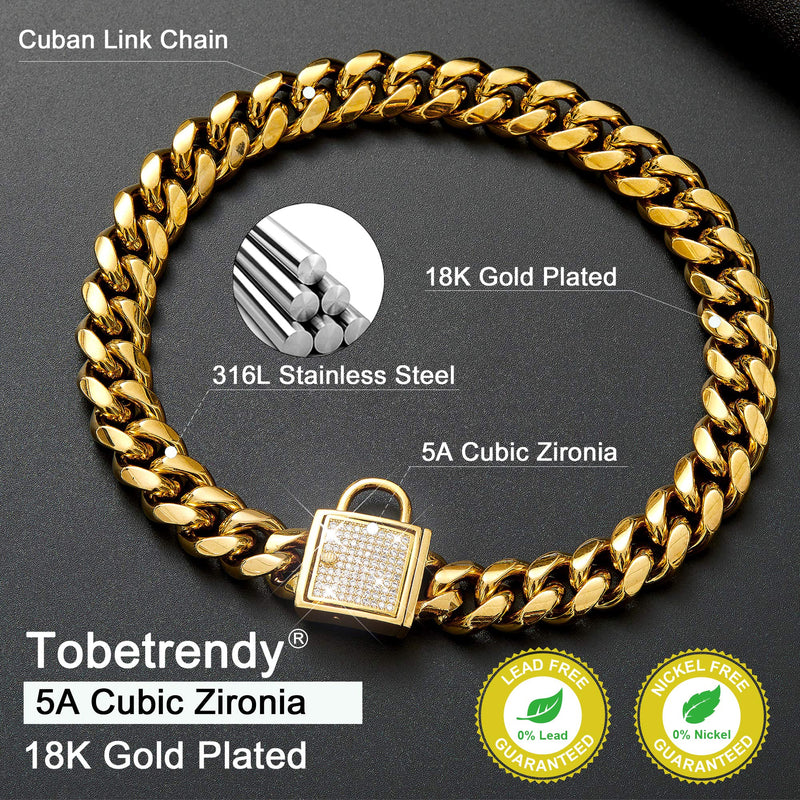 ToBeTrendy Cuban Link Dog Collar Designer Gold Chain Collar with Zirconia Locking 14mm Metal Puppy Collar Luxury Dog Bling Necklace(12 to 26in) 14" (Fits Neck 12" to 13.5") - PawsPlanet Australia