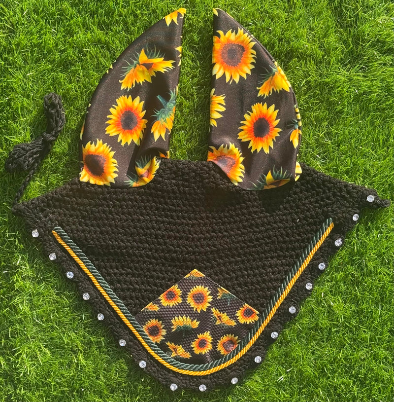 Elegant Sun Flower Horse Ear Bonnet, Fly Veil & Fly Mask – Fly Protection with Style and Comfort for Every Ride (Horse/Full) HORSE / FULL