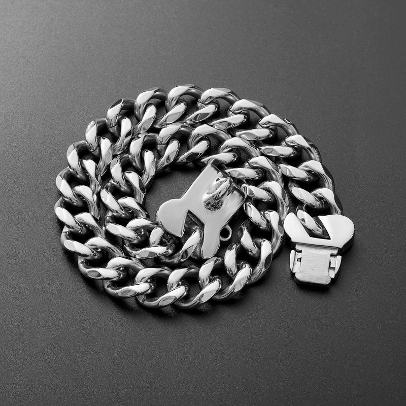Stainless Steel Cuban Silver Link Heavy Duty Necklace Dog Collar for Small Medium Large Dogs, American Bully French Bulldog Dog Collar with CZ Luxury Safety Personalized Dog Tag Buckle Silver 12 Inch (Pack of 1) - PawsPlanet Australia