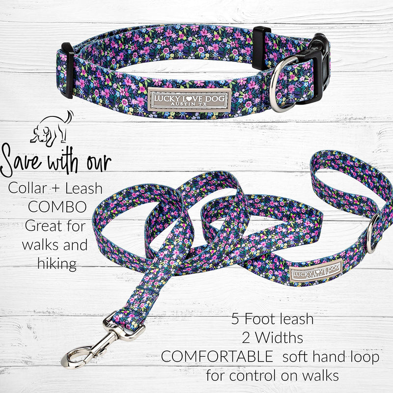 Lucky Love Dog, Matching Dog Collar & Leash Set for Female Dogs, Soft, Adjustable, Safe for Training and Walking, Black & Purple Floral Print, Primrose Combo, X-Small Primrose Collar/Leash Combo X-Small | 7-11"
