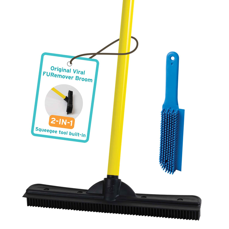 FURemover Original Pet Hair Rubber Broom with Squeegee, with 58” Telescopic Handle for Carpet, Tile and Hardwood and Handheld Lint Brush Combo Yellow - PawsPlanet Australia