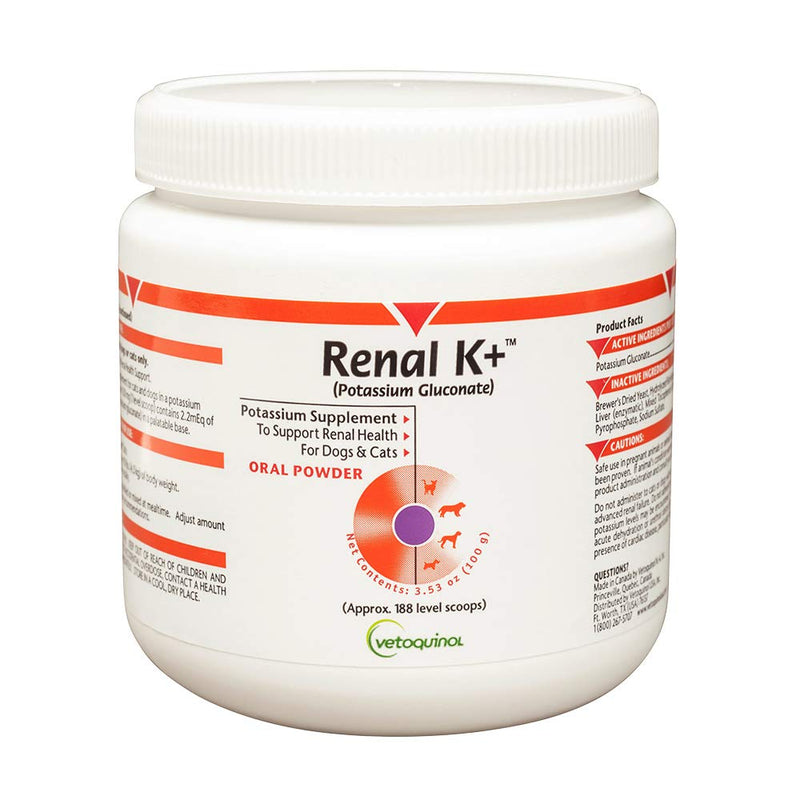 Vetoquinol Renal K+ (Potassium Gluconate) Potassium Supplement Powder for Dogs and Cats, 3.5oz - PawsPlanet Australia