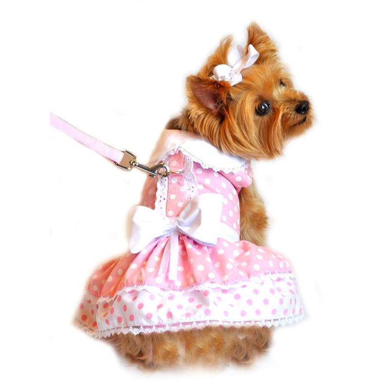 DOGGIE DESIGN Pink Polka Dot and Lace Dog Harness Dress Set Medium - PawsPlanet Australia