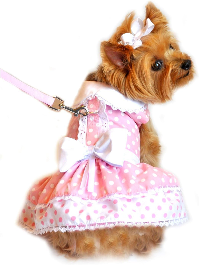 DOGGIE DESIGN Pink Polka Dot and Lace Dog Harness Dress Set (Small) Small - PawsPlanet Australia