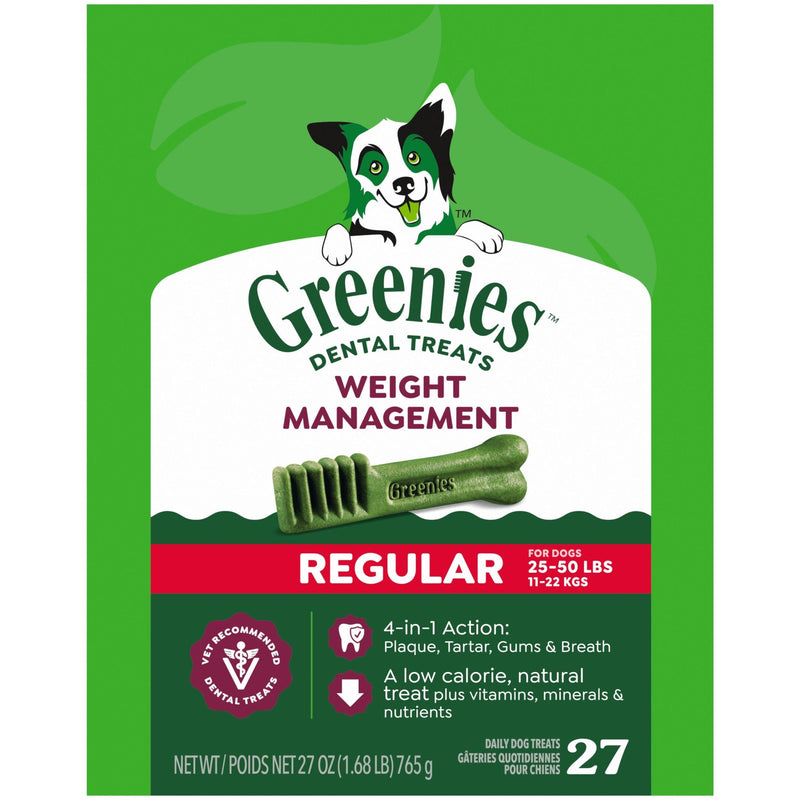Greenies Veterinarian-Recommended Adult Natural Dental Dog Treats Regular Size, Weight Management Dog Dental Chews, 27 oz. Pack, 27 Count 27 Count (Pack of 1)