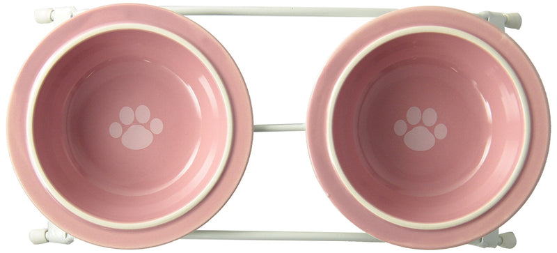 PetRageous 44355 Toftees Paws Diner with Two 1-Cup Dishwasher Safe Stoneware Bowl Capacity 10.75-Inch Length 2.25-Inch Tall for Extra Small and Small Dogs and Cats, White Diner with Pink Bowls