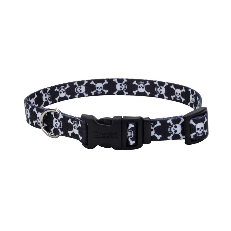 Coastal Pet Styles Adjustable Dog Collar - Stylish Patterned Fabrics - Snap-Lock Buckle - Adjustable Dog Collar - for Small, Medium or Large Dogs - Black Skulls - 3/8" x 08"-12" - PawsPlanet Australia