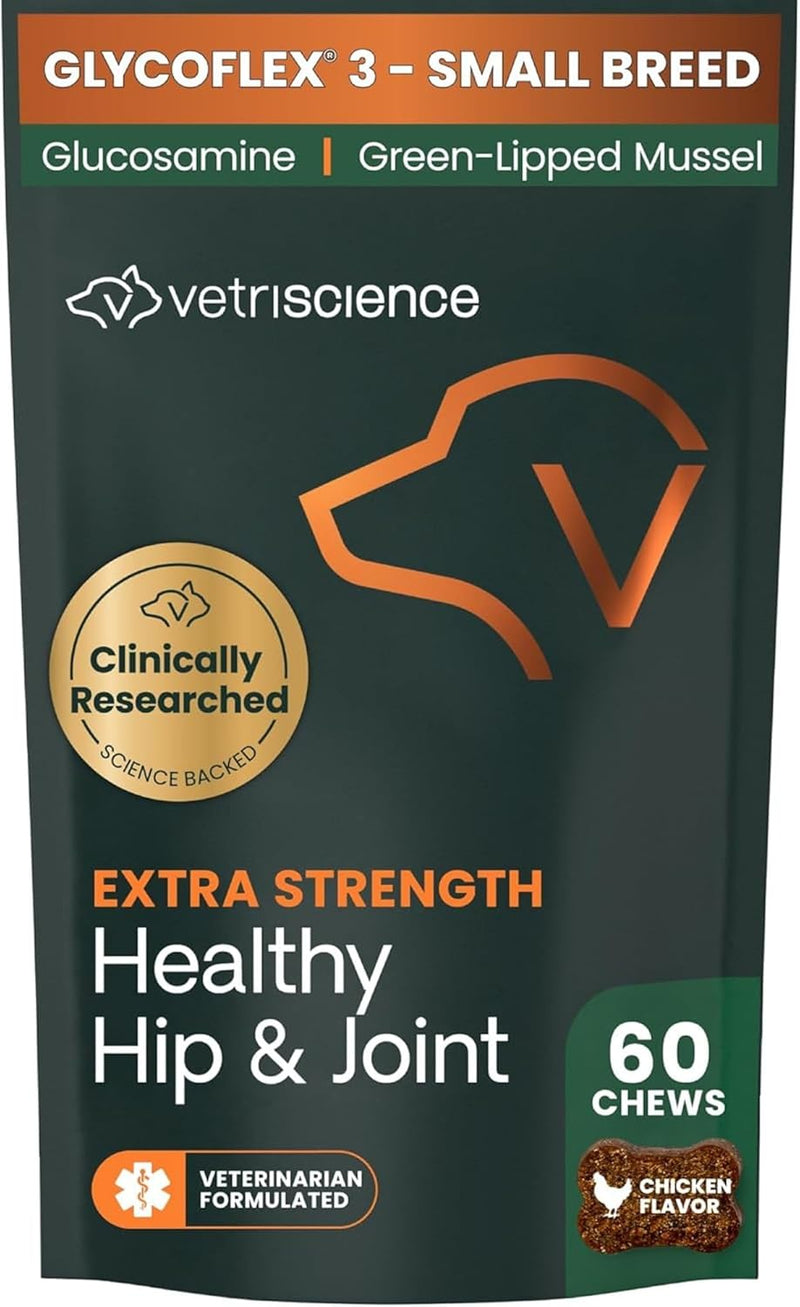 VETRISCIENCE Glycoflex 3 Maximum Strength Hip & Joint Support for Small Dogs Under 30lbs - Glucosamine, DMG, MSM & Green Lipped Mussel - Great Tasting - Vet Recommended, (0900669.060) - PawsPlanet Australia