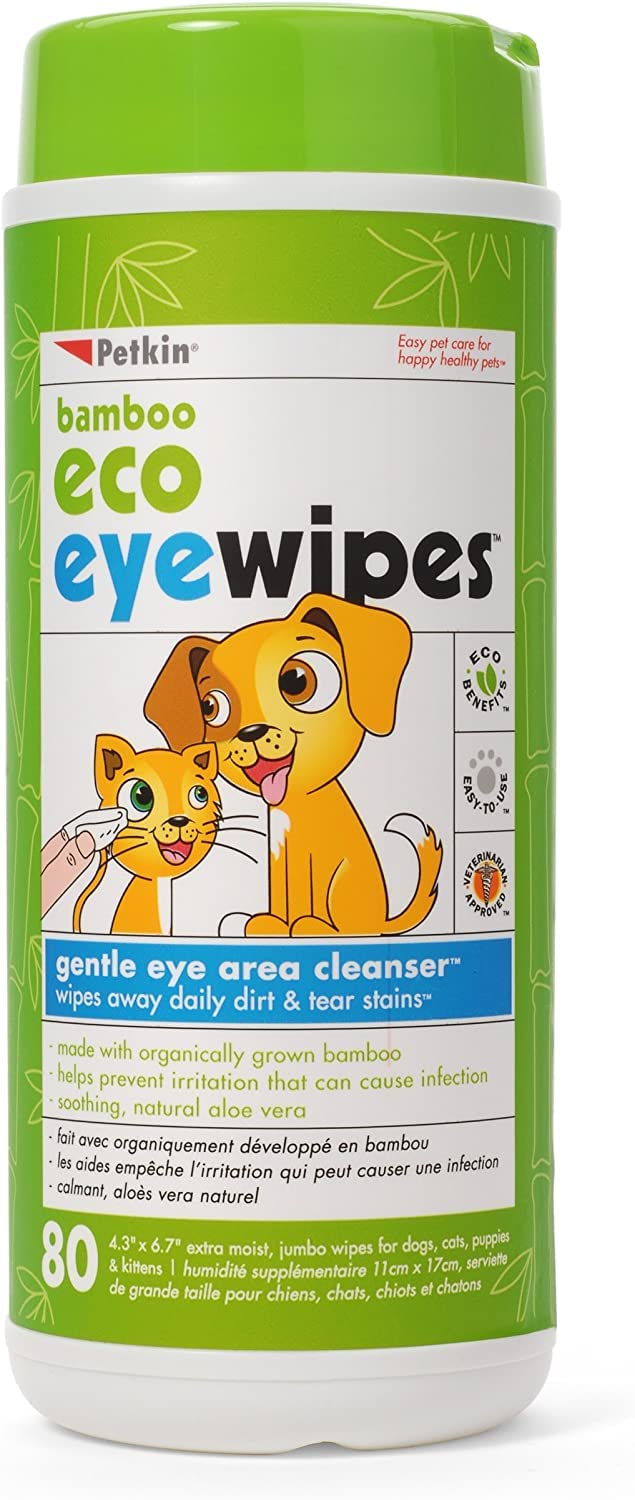 Petkin Bamboo Pet Eye Wipes, 80 Moist Wipes - Soft Bamboo Cloth Pet Eye Cleaning Wipes Remove Dirt, Discharge, & Tear Stains - Safe & Easy to Use Pet Wipes for Dogs, Cats, Puppies & Kittens