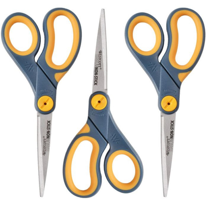 Westcott 8-Inch Non-Stick Titanium Scissors For Office and Home - Glide Adjust Technology - Grey/Yellow Craft, Fabric Scissors - 3 Pack 8-inch (3-Pack) - PawsPlanet Australia