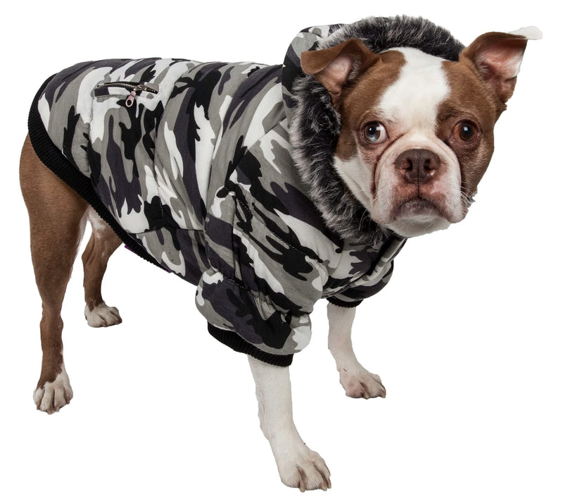 PET LIFE Classic Metallic Fashion Pet Dog Coat Jacket Parka w/ 3M Insulation and Removable Hood, Large, Deer Pattern Camo Grey - PawsPlanet Australia