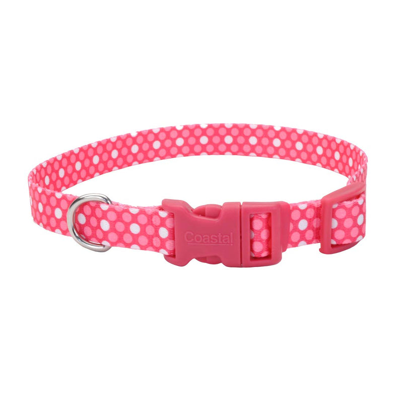Coastal Pet Styles Adjustable Dog Collar - Stylish Patterned Fabrics - Snap-Lock Buckle - Adjustable Dog Collar - for Small, Medium or Large Dogs - Pink Dots - 3/8" x 08"-12" - PawsPlanet Australia