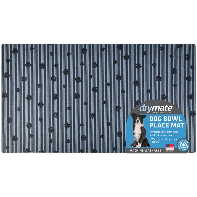 Drymate Pet Bowl Placemat, Dog & Cat Food Feeding Mat - Absorbent Fabric, Waterproof Backing, Slip-Resistant - Machine Washable/Durable (USA Made) (16” x 28”) (Grey Stripe Black Paw) Large (16" x 28") Grey Stripe Black Paw - PawsPlanet Australia