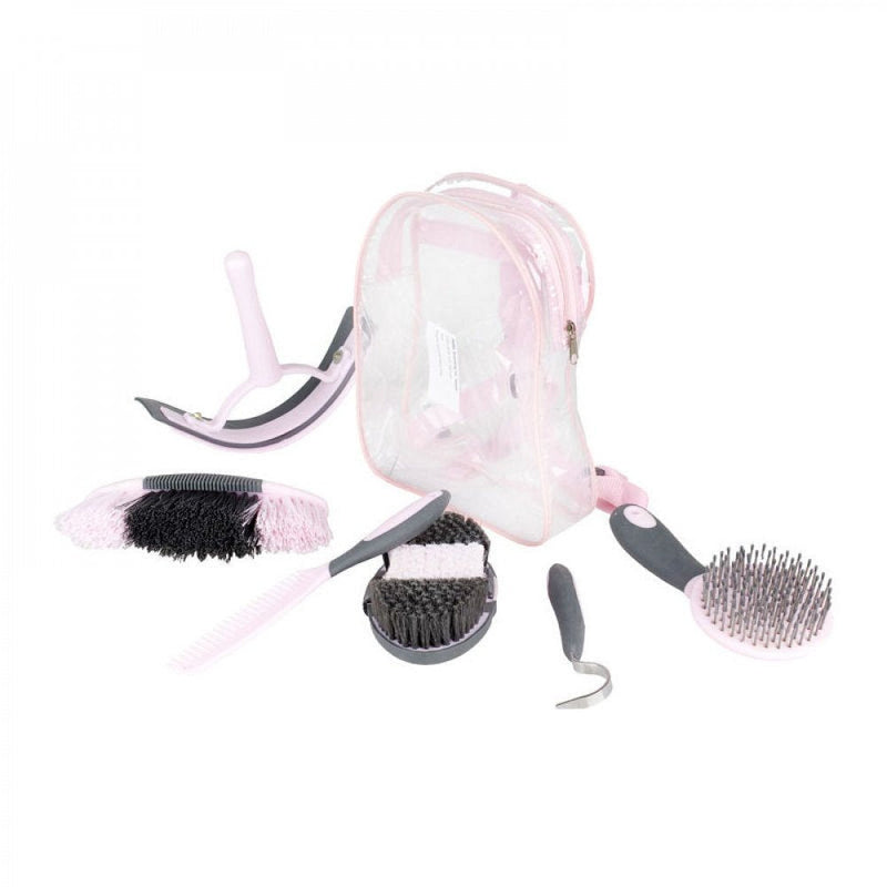HORZE 6-Piece Easy Clean Horse Grooming Set with Convenient Storage Bag - Pink/Grey - One Size - PawsPlanet Australia
