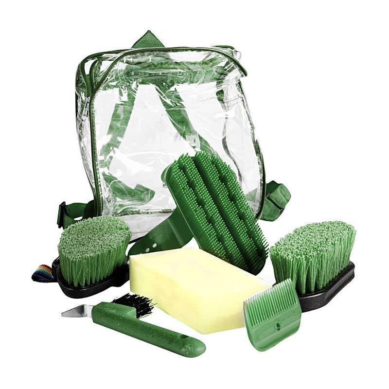 Horze Backpack Easy-Carry Horse Grooming Set with Six Soft Grip Grooming Tools - Dark Green