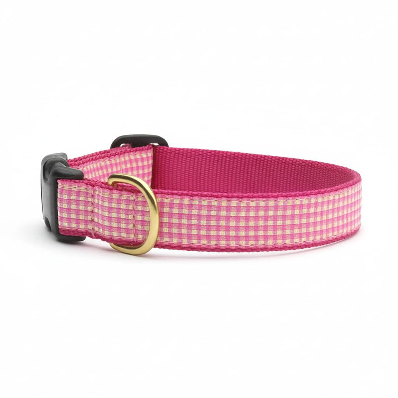 Up Country Pink Gingham Dog Collar, Medium (12 to 18 inches) 1 inch Wide Width Rose