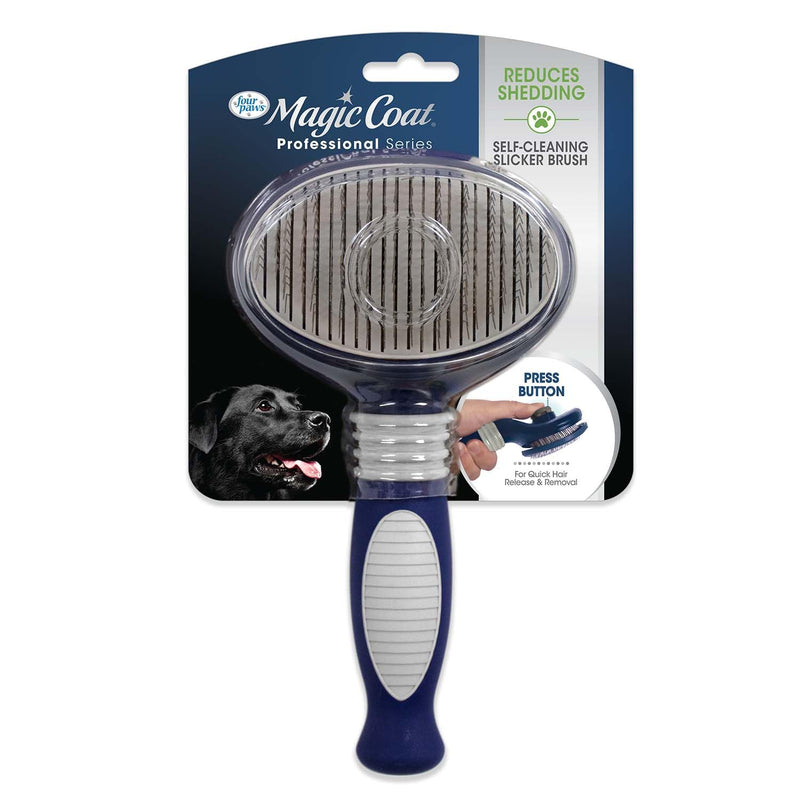 Four Paws Slicker Brush, Professional Series Grooming Brush for Dogs & Cats, Self-Cleaning, Reduces Shedding, All Coat Types, Blue & Grey - PawsPlanet Australia
