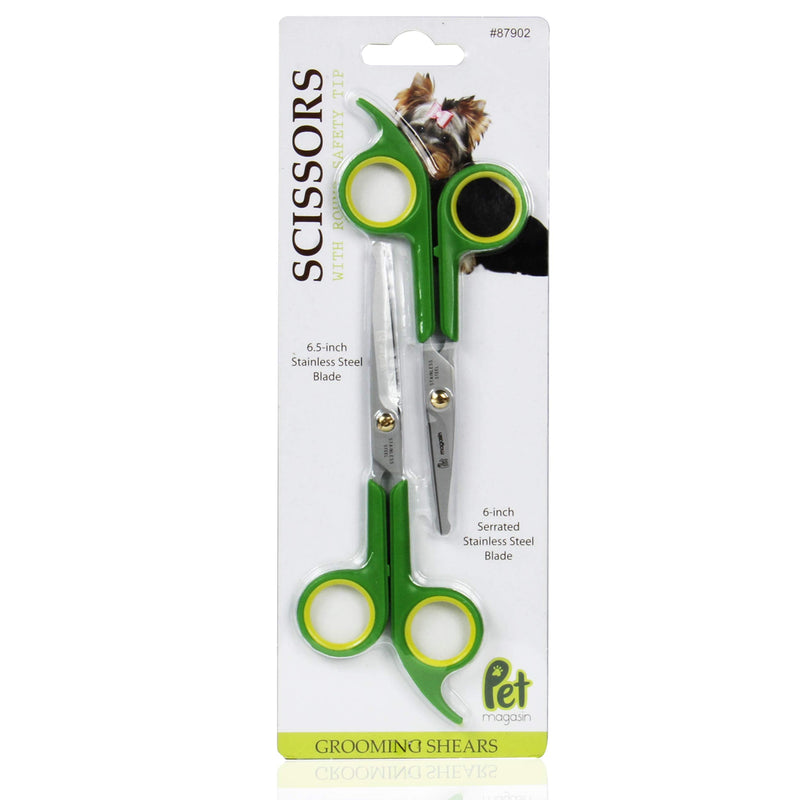 Pet Magasin Japanese Stainless Steel Grooming Scissors (2) for Facial Hair and Larger for Body Trimming with Round Tip Light Green and Yellow Large - PawsPlanet Australia