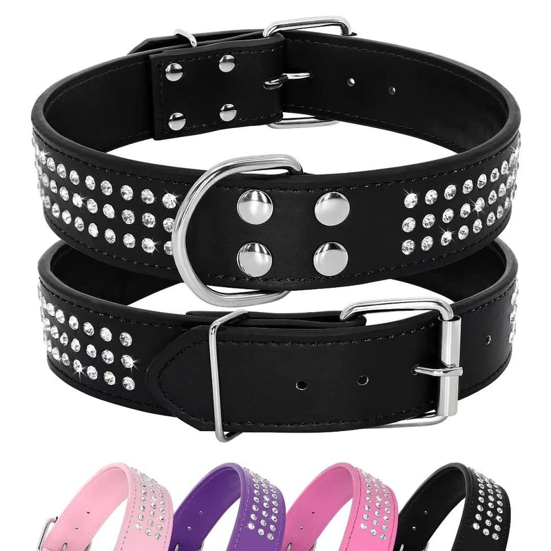 Rhinestones Dog Collar - 1.5" Width Leather Made with Sparkly Crystal Diamonds Studded - Shining Pet Appearance for Medium & Large Dog Walking,17"-20",Black Neck 17-20",Fit 50-70lbs Black