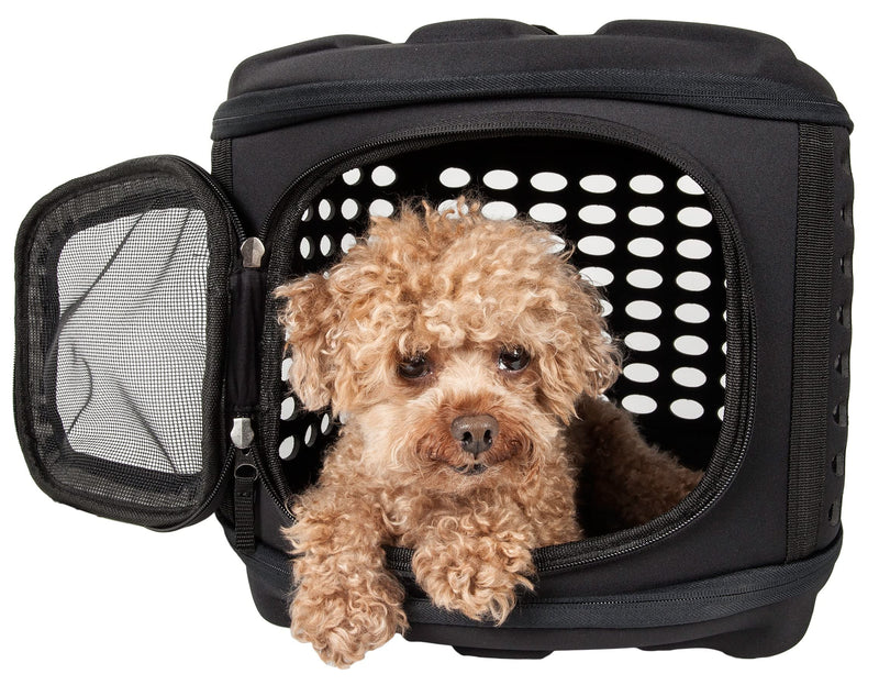 Pet Life Circular Shelled Travel Pet Carrier - Collapsible and Folding Airline Dog Carrier with Lightweight Military-Grade Durability with Included Shoulder Straps Black 18.2"L x 14.6"W x 12.2"H - PawsPlanet Australia