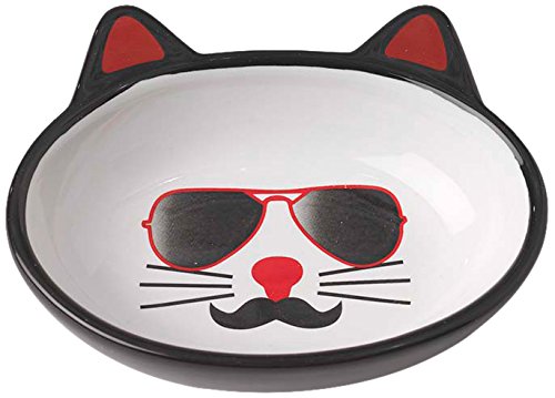 PetRageous 12037 Oval Mon Ami Pierre Stoneware Cat Bowl 5.5-Inch Wide and 1.5-Inch Tall Saucer with 5.3-Ounce Capacity and Dishwasher Safe is Great For Cats of All Sizes, Black and White