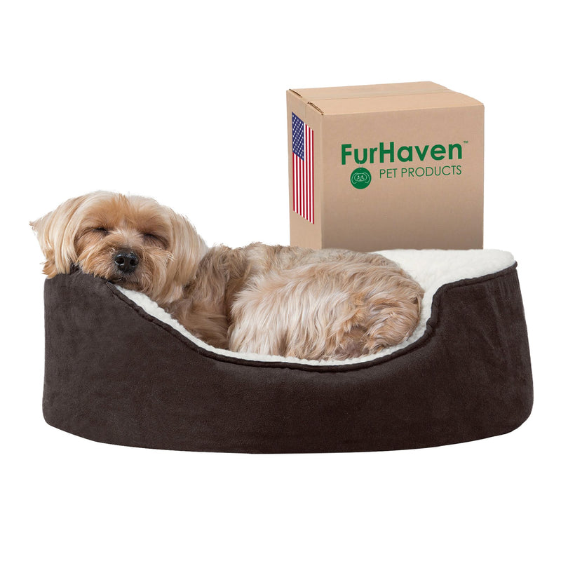 Furhaven Orthopedic Dog Bed for Small Dogs w/ Removable Washable Cover, For Dogs Up to 12 lbs - Sherpa & Suede Oval Lounger - Espresso, Small Sherpa & Suede Espresso - PawsPlanet Australia