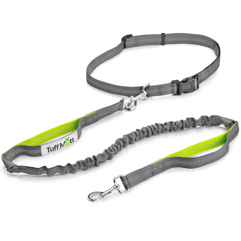 Tuff Mutt Hands Free Dog Leash for Walking Running Hiking, Waist Leash with Bungee, Adjustable Belt, Reflective Double Handle Design for Large Medium Dogs green/gray