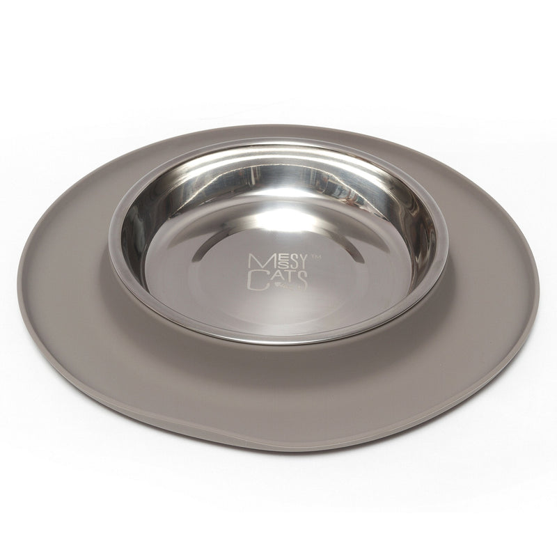 Messy Cats Single Silicone Feeder with Stainless Saucer Shaped Bowl | Anti-Slip Non-Skid Cat Food Bowl | One Cat Bowl in Feeding/Water Station Grey - PawsPlanet Australia