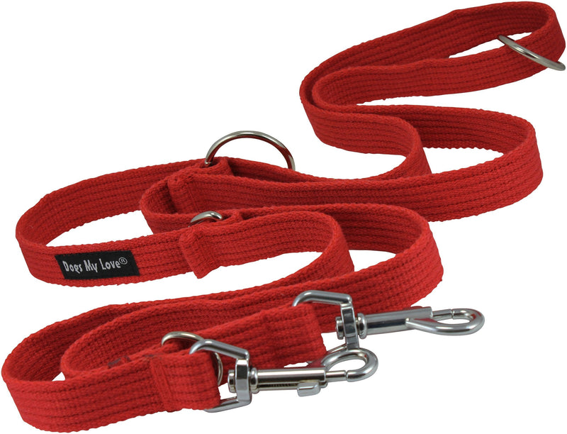 Dogs My Love 1" Wide Cotton Web 6-Way European Multi-Functional Dog Leash, Adjustable Lead 45"-78" Long, Large (Red) Red - PawsPlanet Australia