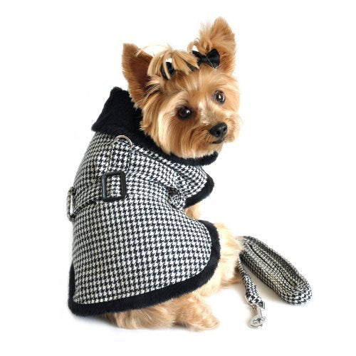 DOGGIE DESIGN Black and White Classic Houndstooth Dog Harness Coat with Leash S
