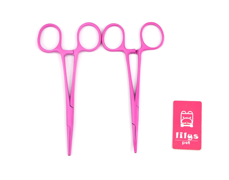 LILYS PET Pet Colourful Stainless Steel Hemostat Hemostatic Forcep,Pet Ear Hair Pull Forcep,Bend head and Straight head kit (Pink, 12cm) Pink - PawsPlanet Australia