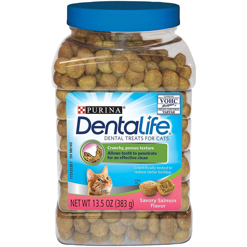 Purina DentaLife Made in USA Facilities Cat Dental Treats, Savory Salmon Flavor - 13.5 oz. Canister 13.5 Ounce (Pack of 1) - PawsPlanet Australia